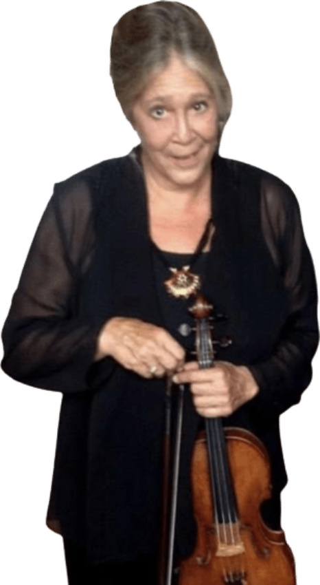 A woman holding a violin in her hands.